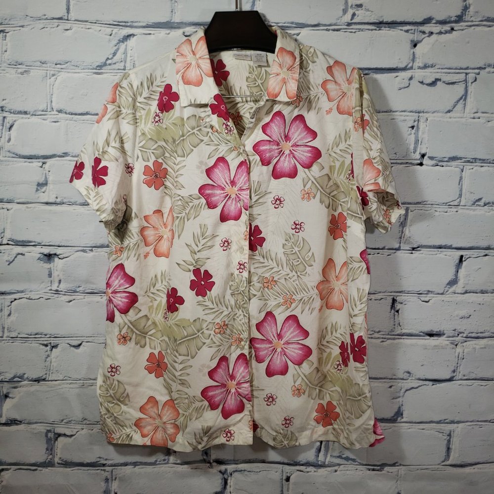 VTG 90s S/S Button Up Hawaiian Shirt Top Womens 18W Hibiscus Floral Tropical